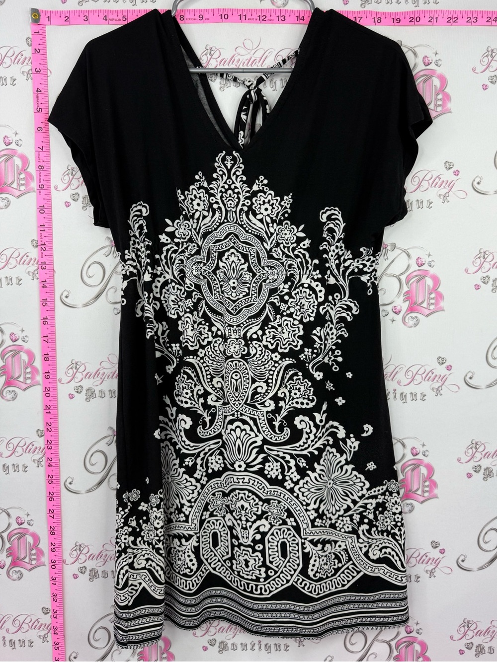 KATIE dress tshirt Brand Black V-Neck Tunic with White Ornate Print